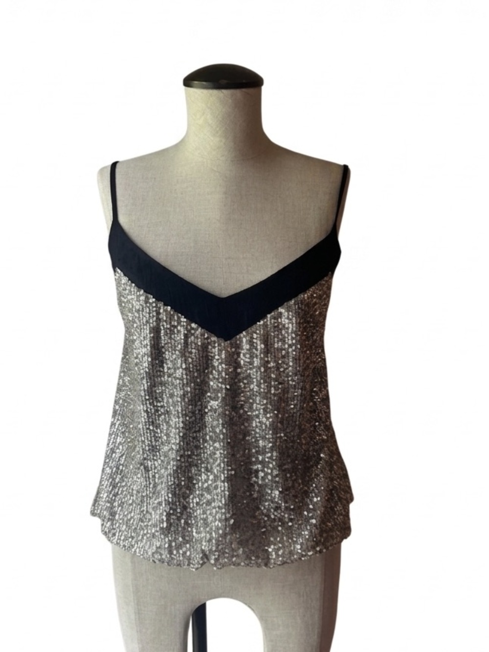7 For All Mankind Silver Sequin Camisole with Black Trim